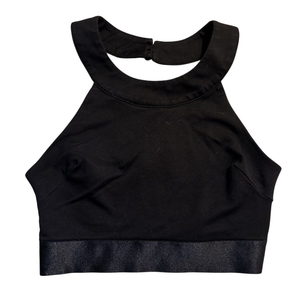 Bebe Crop Top XS Black Stretch Satin Trim Rayon Nylon Spandex Button Neck Close